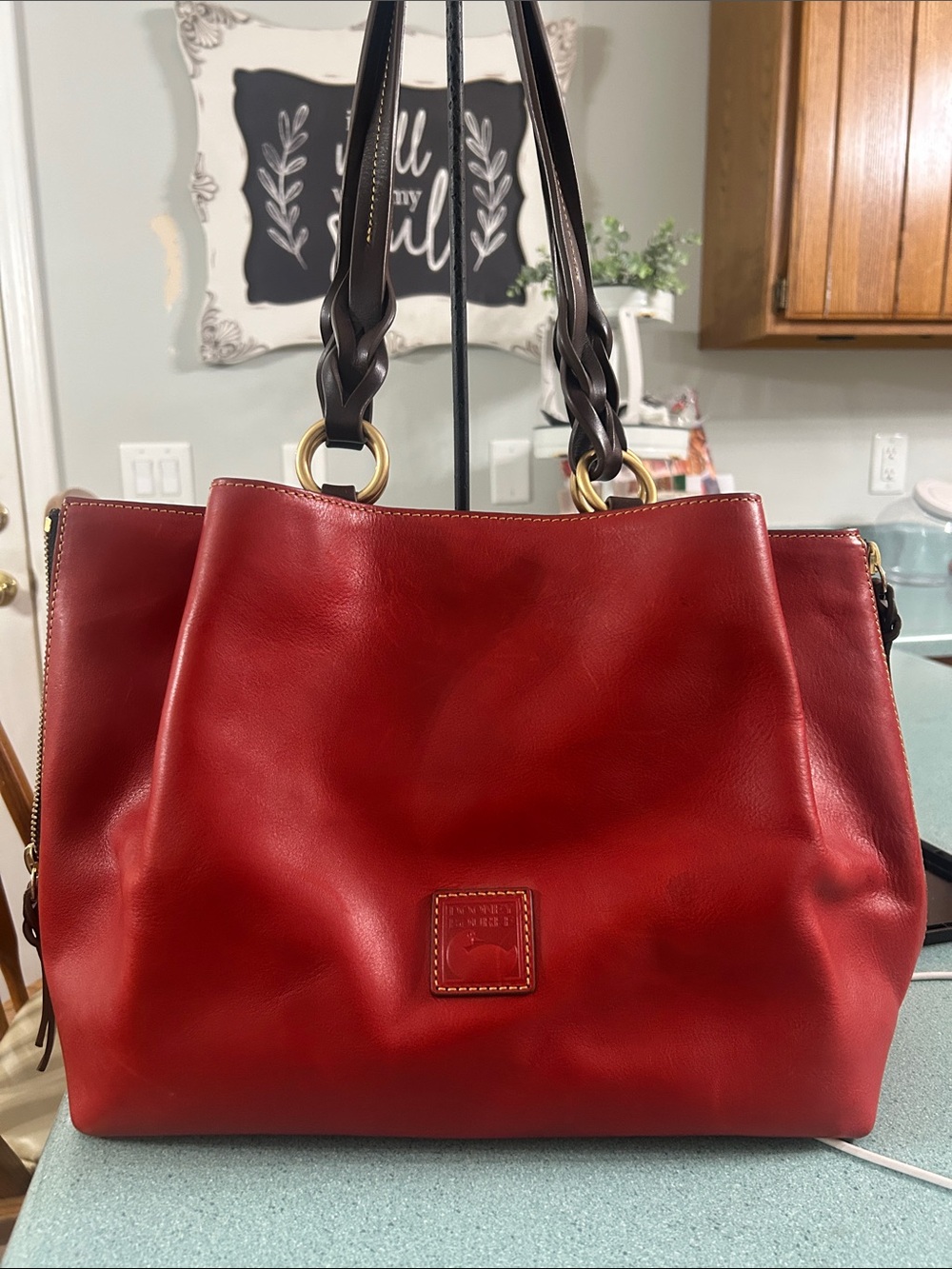 Dooney & Bourke Red Leather Shoulder Bag with Braided Dark Brown Straps